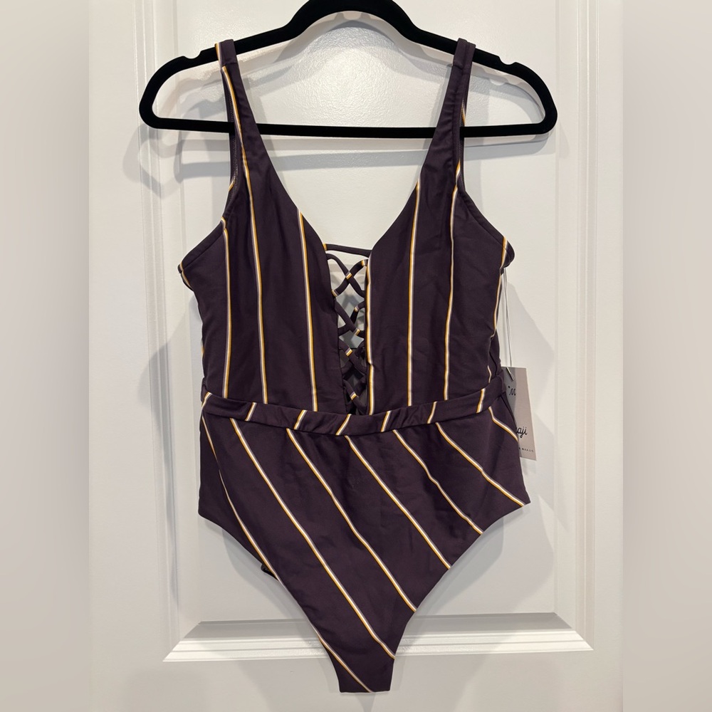 Maaji Plum Purple and Yellow Striped One Piece Swimsuit.